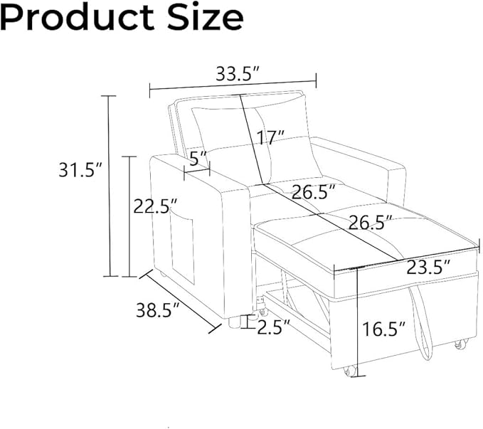 3-in-1 Convertible Sleeper Chair, Sleeper Sofa Bed with Side Pocket, Lazy Sofa Bed with Adjustable Backrest, Recliner Chair for Living Room, Apartment, Dorm, or Office, Gray