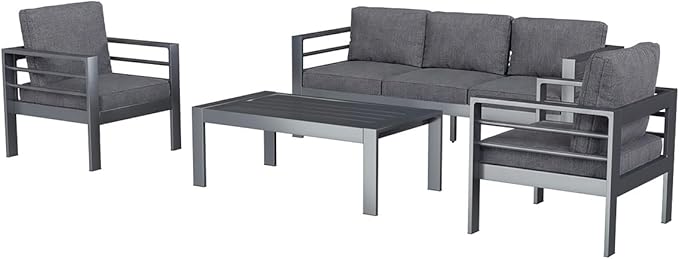 AECOJOY Aluminum Patio Furniture Set, 5 Seats Modern Outdoor Furniture with Coffee Table, 4 Pieces Metal Conversation Sectional Sofa, Dark Gray