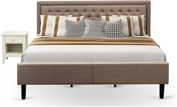 East West Furniture KD16K-1GA0C 2 Piece Bedroom Set-1 King Bed Frame Brown Linen Fabric Padded and Button Tufted Headboard with 1 Wood Wire Brushed Butter Cream Finish Nightstand