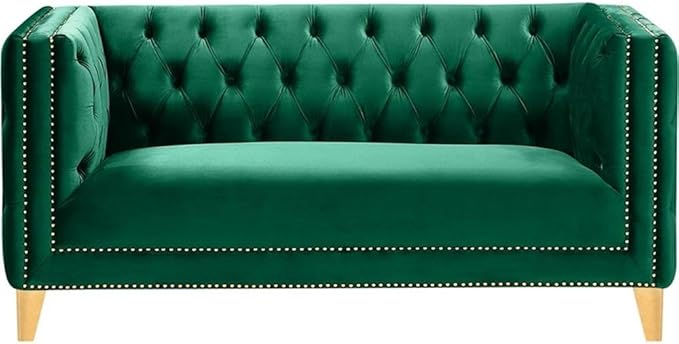 Meridian Furniture 652Green-L Michelle Collection Modern | Contemporary Loveseat with Deep Button Tufting, Gold Nailhead Trim and Sturdy Gold Iron Legs, Green Velvet, 66" W x 34" D x 30" H