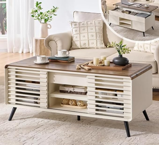 OKD Lift Top Coffee Table Sliding Slatted Door, 48" Mid Century Modern Wood Center Table Hidden Storage Compartment & Adjustable Shelf, Lift Tabletop Dining Table for Living Room,Antique White