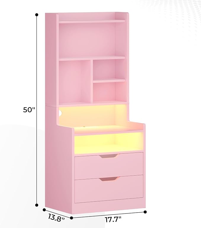 ADORNEVE Tall Night Stand with Charging Station and LED Lights,Nightstand with Bookshelf,Bedside Table with Drawers & Power Outlets,End Side Table for Bedrooms,Pink - Image 2