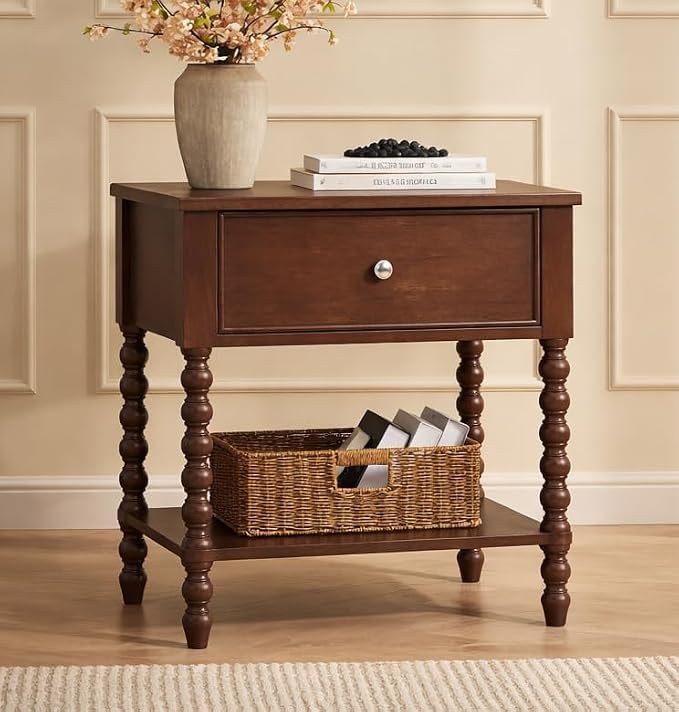 AMERLIFE 24" Walnut Nightstand, Vintage Bedside Table for Bedroom, Solid Wood Night Stand with Turned Legs, End Table with Drawer & Open Shelf, Large/Tall Nightstand, Walnut Finish - Image 8