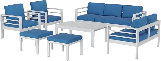 AECOJOY Aluminum Patio Furniture Armchair with Ottoman, Set of 2, Modern Outdoor Furniture with Washable 5 inch Thick Cushion, Blue Cushion