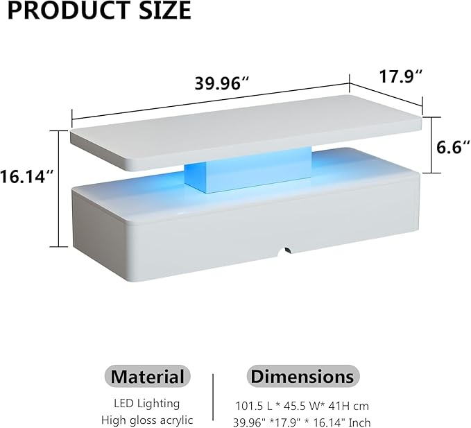 40" Modern Smart LED Coffee Table with Remote Control, 2-Tier Rectangle Center Table for Living Room - Large Storage, High Glossy Surface, RGB Color Changing Lights, White
