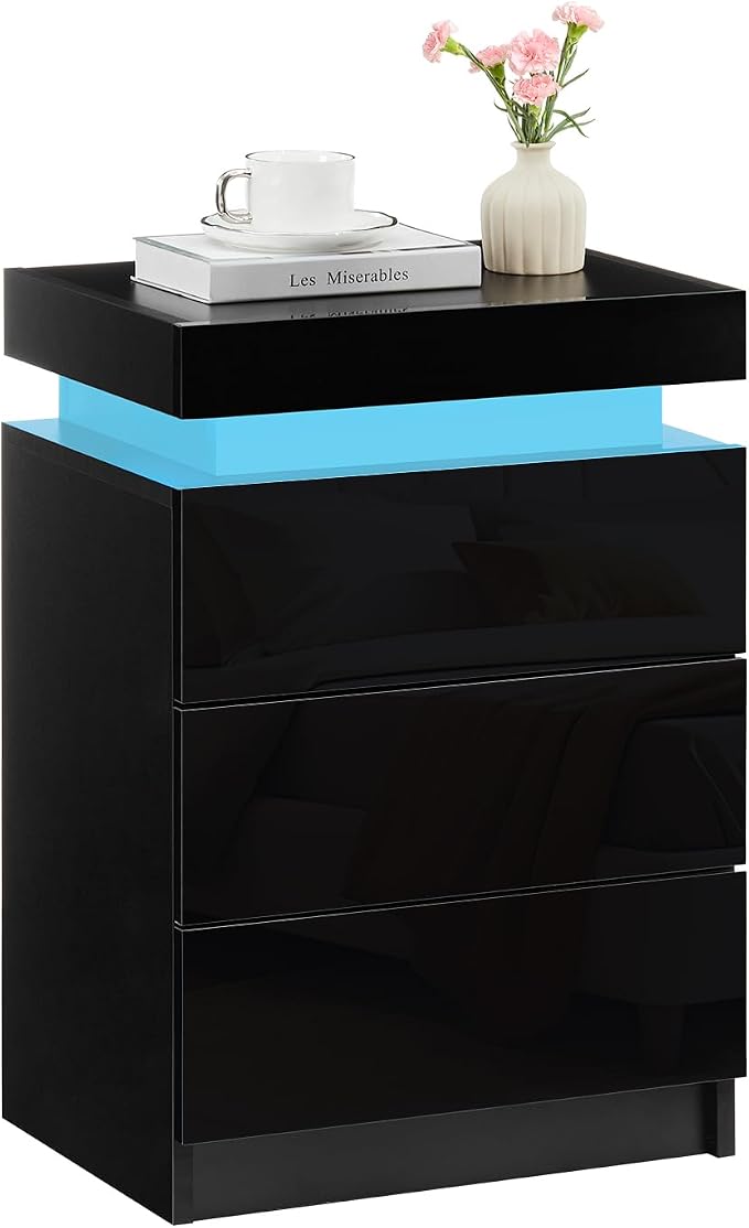 TUKAILAi Modern Nightstand with LED Light, Smart Bedside Table with 3 Drawers and Flip Top Storage Cabinet, High Gloss Side Table End Table for Bedroom (Black) by TUKAILAi