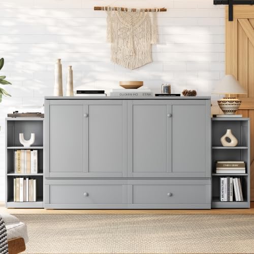 Bellemave Queen Size Murphy Bed, Cabinet Bed with 2 Shelves and Storage Drawers, Farmhouse Murphy Cabinet, Noisy Free, for Guest Bedroom, Living Room, Office, Light Gray