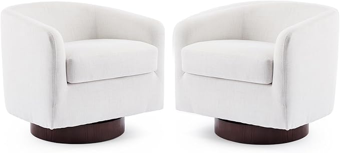 VINGLI 360°Swivel Accent Chairs Set of 2 with Engineered Wood Base and Removable Cushion for Living Room, Bedroom, Curved Back Barrel Chairs for Small Space, Upholstered Bucket Armchairs, Linen Beige