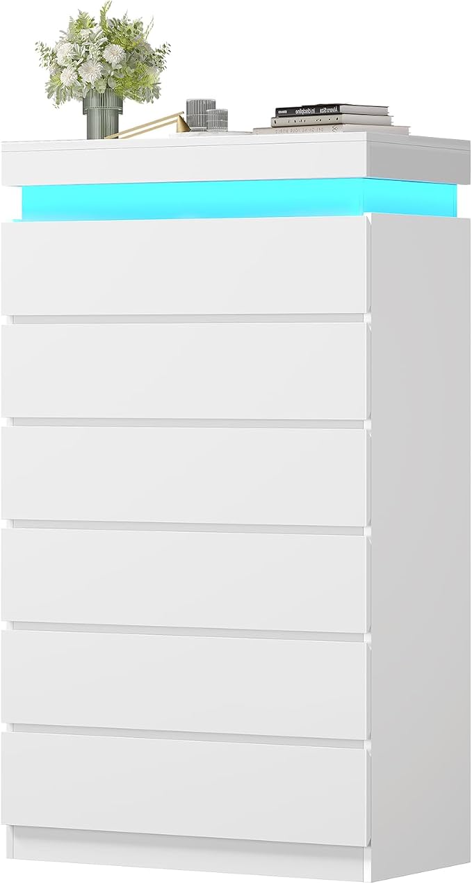 HAUOMS Tall 6 Drawer Dresser with LED Light, White Modern Chest of Drawers for Bedroom,Closet Dressers with Drawers for Living Room, Entryway, Hallway - Image 8