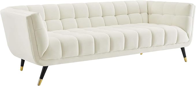 Modway Adept Contemporary Mid-Century Modern Performance Velvet Upholstered Tufted Sofa in Ivory
