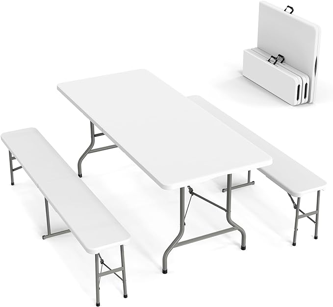 VINGLI Picnic Table Set with 2 Benches, 6 Feet Camping Table Chair Set,3-Piece Folding Furniture for Indoor or Outdoor Use, Smooth Tabletop, White by VINGLI
