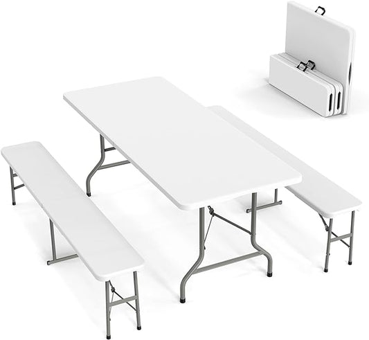 VINGLI Picnic Table Set with 2 Benches, 6 Feet Camping Table Chair Set,3-Piece Folding Furniture for Indoor or Outdoor Use, Smooth Tabletop, White by VINGLI