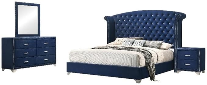 MAKLAINE 4-Piece Bedroom Set, Queen Size, Velvet Upholstery in Pacific Blue, Includes Bed with Wingback Headboard, 6-Drawer Dresser, Mirror, 2-Drawer Nightstand, Contemporary Style