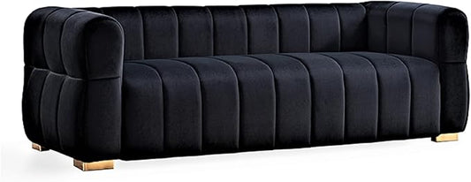 Art Deco Velvet Sofa with Tufted Low Back Design, Sophisticated 3 Seater Couch for Living Rooms, 89 Inch Wide, Easy Assembly, Black