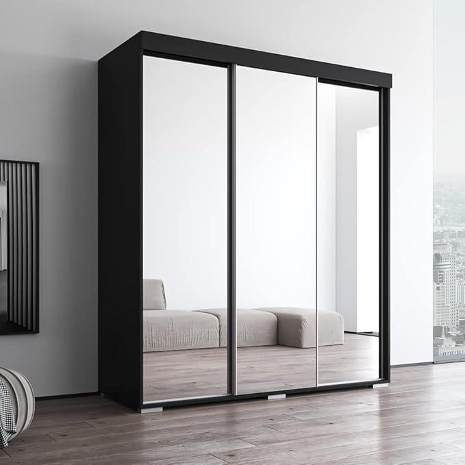 Meble Furniture Aria 3D Wardrobe with All Mirror Doors — Spacious Storage with Multiple Shelves — Modern Bedroom Closet, 82 H x 71 W x 26 D in — Black