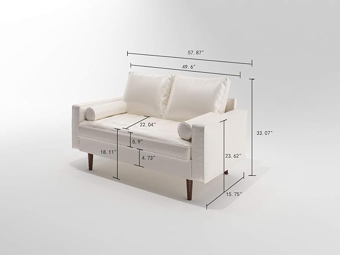 Womble Mid Century Modern Couch with Bolster Pillows, PU Leather Upholstered Tufted Seat, Versatile Retro Design for Comfortable Living Spaces, Sofa, Sleek White