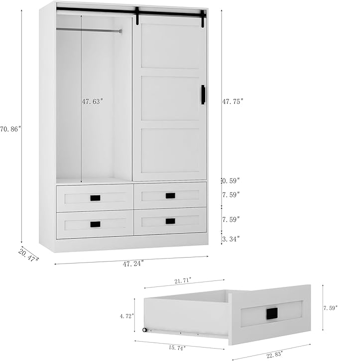 Armoire Wardrobe Closet with Sliding barn Door，Wardrobe Cabinet with 4 Storage Drawers and Hanging Rail,Freestanding Wooden Closet for Bedroom (White)