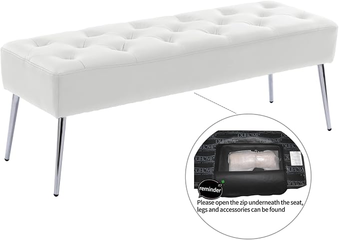 DUHOME Button-Tufted Ottoman Bench, Upholstered Footrest Stool Rectangular Dining Bench Leather Accent Bench for Entryway Dining Room Living Room Bedroom, White - Image 6