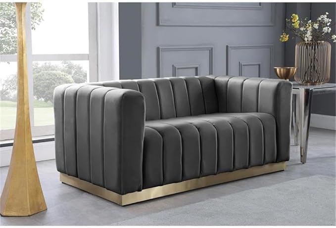 Meridian Furniture 603Grey-L Marlon Collection Modern | Contemporary Velvet Upholstered Loveseat with Deep Channel Tufting, Stainless Steel Base in a Brushed Gold Finish, Grey, 62.5" W x 34" D x 28" H