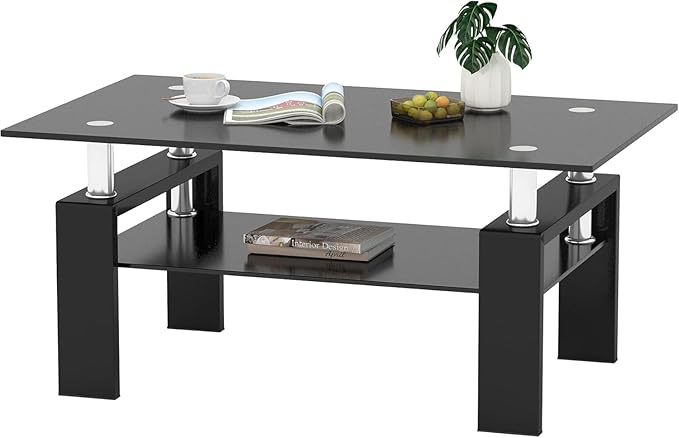 IANIYA Rectangle Tempered Glass Coffee Table, Modern Living Room Table with Storage & Black Metal Legs, Center Table for Bedroom Home Office Small Space Waiting Room