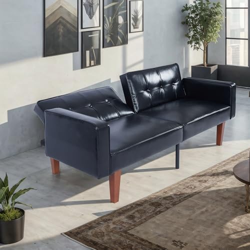 Adjustable Backrest Convertable Sofa, Modern PU Leather 2-Seat Futon Sofa, Convertible Faux Leather Sleeper Couch with Armrests, Couch for Living Room Home Office Spaces, Black