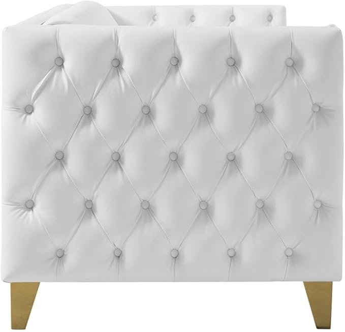 Meridian Furniture 651White-S Michelle Collection Modern | Contemporary Sofa with Deep Button Tufting, Gold Nailhead Trim and Sturdy Gold Iron Legs, White Vegan Leather, 90" W x 34" D x 30" H