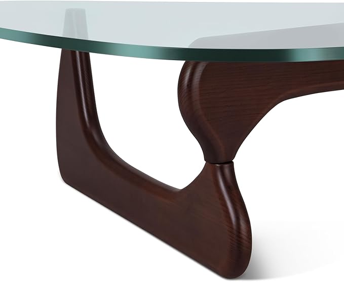 Modern Triangle Glass Coffee Table, Wood End Table with Solid Wood Base and Clear Glass Top, Center Table for Living Room and Patio