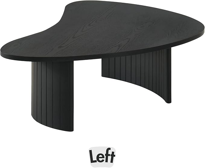 Mid Century Modern Black Wood Coffee Table with Fluted Base, Irregular Mango Top Coffee Table, Minimalist Accent Table for Living Room & Small Apartments