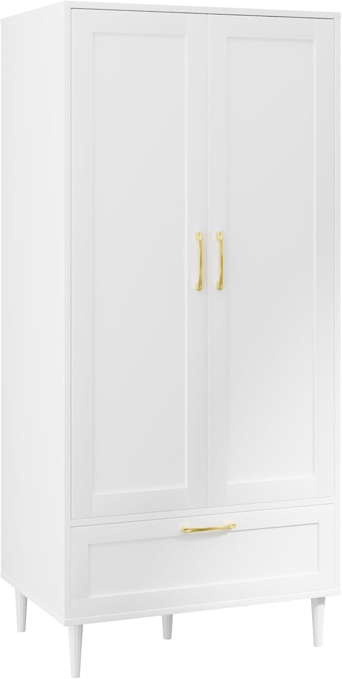 Gyger Wardrobe Closet with Drawer, Armoires and Wardrobes with Shelves and Hanging Rail,Freestanding Wooden Wardrobe Cabinet for Bedroom,White
