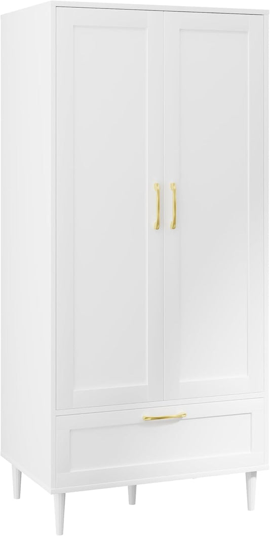 Gyger Wardrobe Closet with Drawer, Armoires and Wardrobes with Shelves and Hanging Rail,Freestanding Wooden Wardrobe Cabinet for Bedroom,White