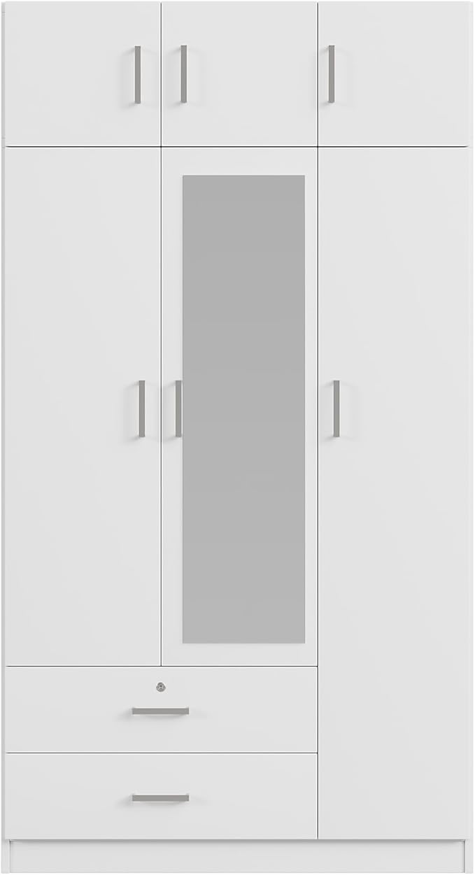 Merax 3 Doors Wardrobe with Mirror Door and Top Cabinet, Wooden Closet Wardrobe Organizers with Hanging Rail, 2 Drawers and 4-Tier Storage Shelves for Bedroom, Laundry Room, White