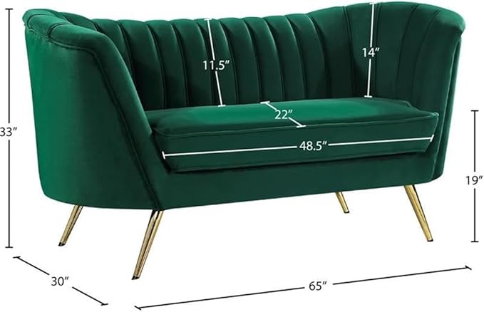 Meridian Furniture Margo Collection Modern | Contemporary Velvet Upholstered Loveseat with Deep Channel Tufting and Rich Gold Stainless Steel Legs, Green, 65" W x 30" D x 33" H