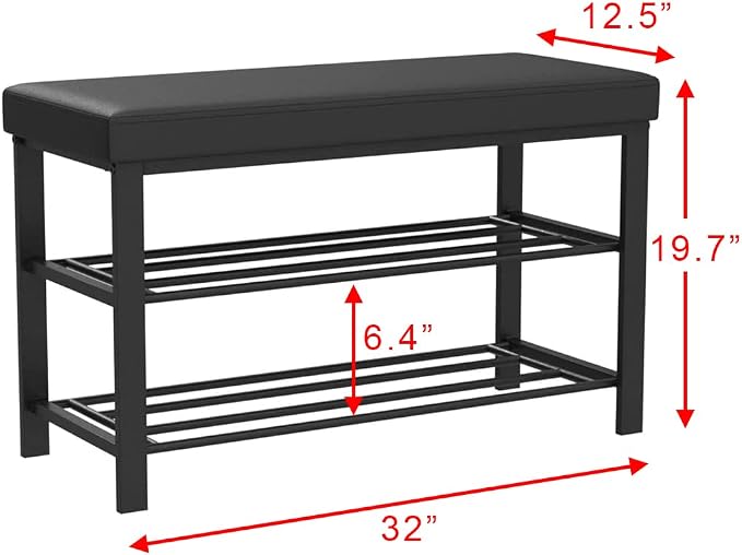 Finnhomy Entryway Shoe Rack with Cushioned Seat, Shoe Bench for Entry, 2 Shelves Storage Bench w/Faux Leather Top Bed Bench, Black - Image 2