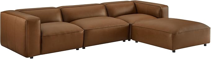 Modway Auren Vegan Leather 4 Piece Modular Sofa in Coffee - Faux Leather 3 Seater Sectional - Comfy Modern PU Leather Sofa with Ottoman - Oversized Mid Century Modern Couch for Living Room