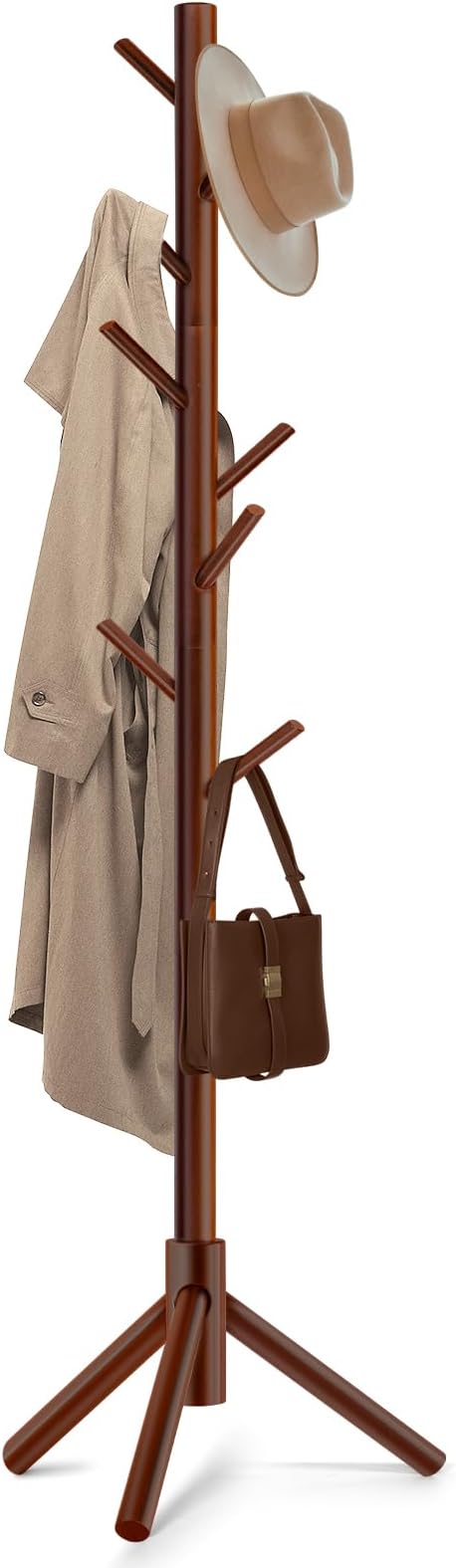 Solid Wooden Coat Rack Freestanding, New Zealand Pine Coat Tree with 8 Hooks & 3 Adjustable Sizes for Coats, Hats, Handbags and Scarves, Space Saving for Entryway/Office/Bedroom (Brown) by Unknown