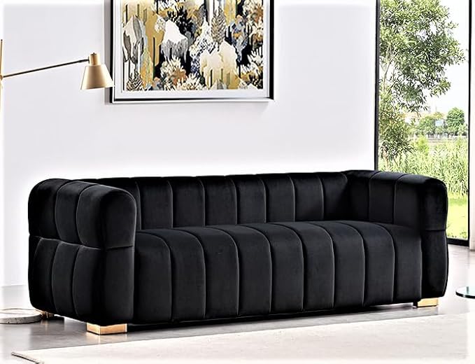 Art Deco Velvet Sofa with Tufted Low Back Design, Sophisticated 3 Seater Couch for Living Rooms, 89 Inch Wide, Easy Assembly, Black