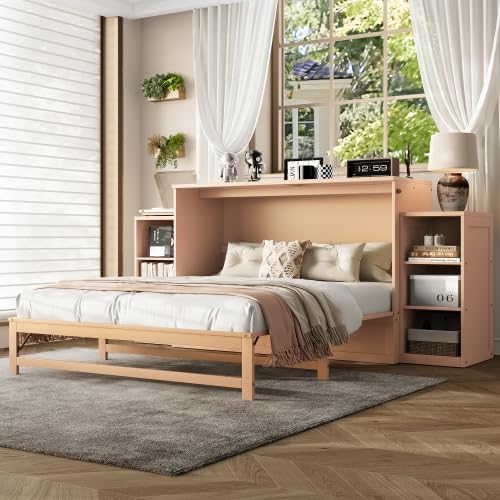 Bellemave Full Size Murphy Bed, Cabinet Bed with 2 Shelves and Storage Drawers, Farmhouse Murphy Cabinet, Noisy Free, for Guest Bedroom, Living Room, Office, Golden