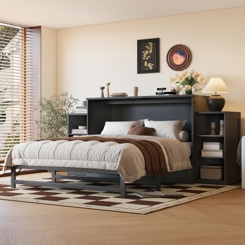 Bellemave Queen Murphy Bed, Cabinet Bed with 2 Shelves and Storage Drawers, Farmhouse Murphy Cabinet, Noisy Free, for Guest Bedroom, Living Room, Office, Vintage Dark Gray