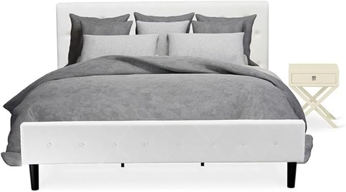 East West Furniture NL19K-1HA05 2 Piece Bedroom Set - Button Tufted Bed Frame - Linen white Velvet Fabric Upholstered Headboard and a Linen white Finish Nightstand