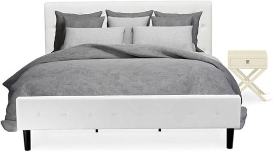 East West Furniture NL19K-1HA05 2 Piece Bedroom Set - Button Tufted Bed Frame - Linen white Velvet Fabric Upholstered Headboard and a Linen white Finish Nightstand