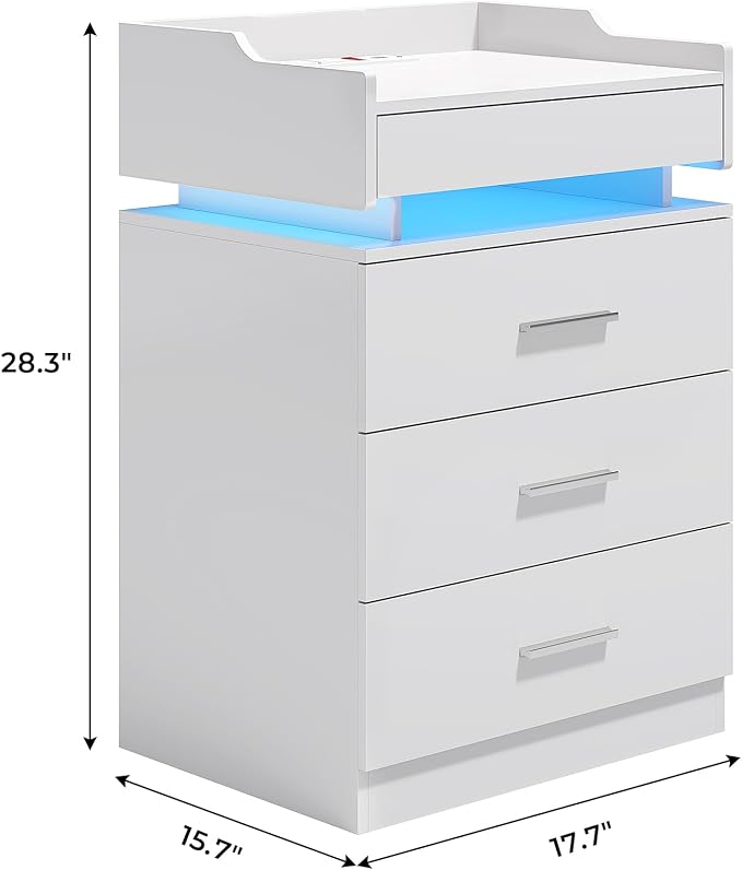 HAUOMS LED Nightstand with Charging Station,Night Stand with Pull-Out Shelf,Bedside Table with Drawers,Modern End Table Side Table Storage Cabniet,White - Image 2
