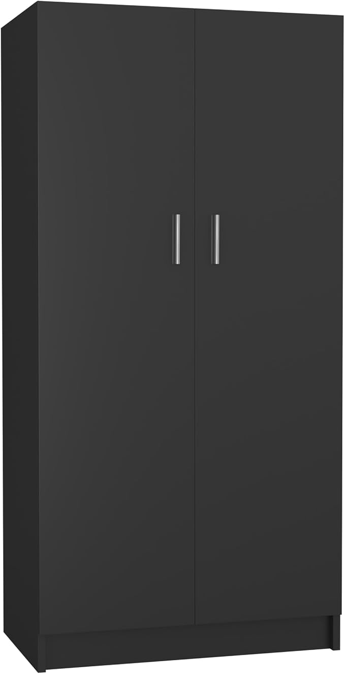 Panana 2 Door Wood Wardrobe Cabinet Closet with Hanging Rail and 2 Shelves, Bedroom Armoire for Storage (Black)