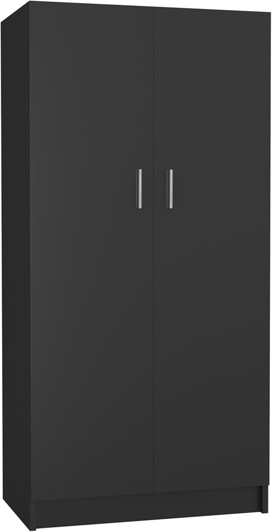 Panana 2 Door Wood Wardrobe Cabinet Closet with Hanging Rail and 2 Shelves, Bedroom Armoire for Storage (Black)