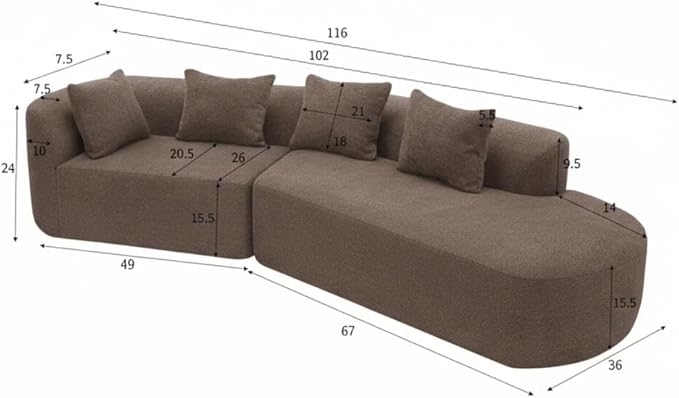 Merax 2-Piece 116" L-Shaped Modular Sectional Sofa Set, 4 Seat Fully Assembled Curved Upholstery Couch with High-Density Compressed Sponge, Chaise Lounge & 4 Pillows for Living Room, Brown