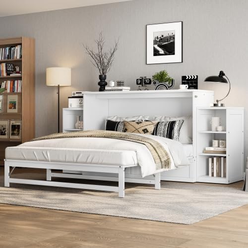 Bellemave Queen Size Murphy Bed, Cabinet Bed with 2 Shelves and Storage Drawers, Farmhouse Murphy Cabinet, Noisy Free, for Guest Bedroom, Living Room, Office, White