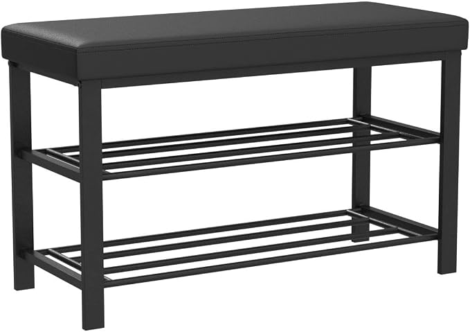 Finnhomy Entryway Shoe Rack with Cushioned Seat, Shoe Bench for Entry, 2 Shelves Storage Bench w/Faux Leather Top Bed Bench, Black - Image 4