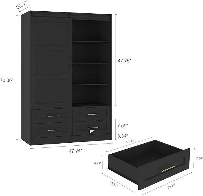 Armoire Wardrobe Closet with Sliding barn Door，Wardrobe Cabinet with 4 Storage Drawers and Hanging Rail,Freestanding Wooden Closet for Bedroom (Black)