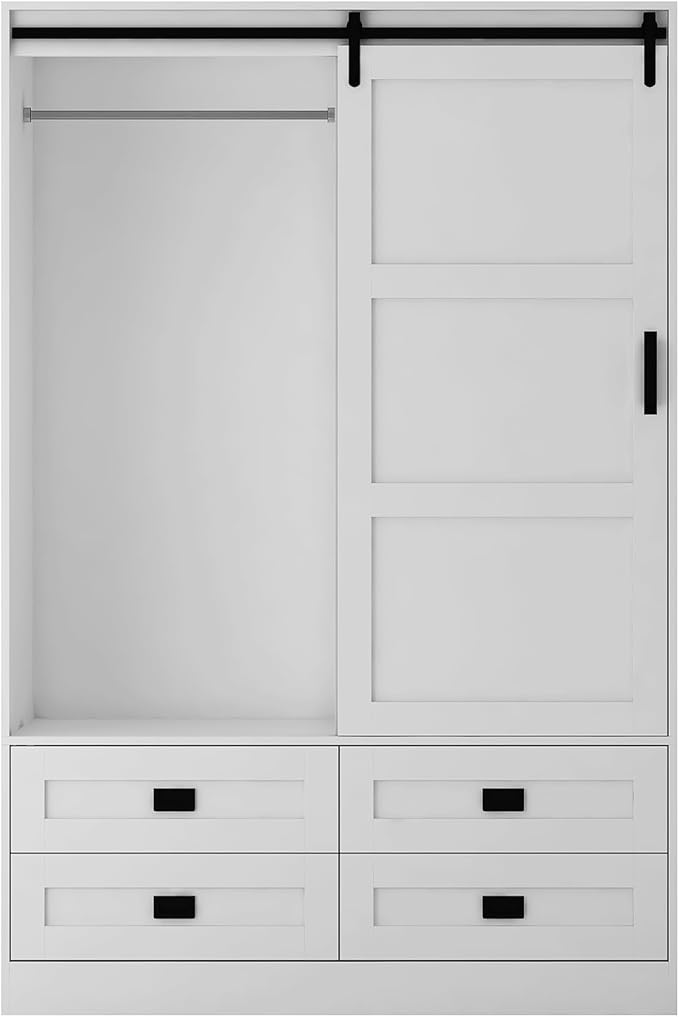 Wardrobe Closet with Sliding Barn Door, Tall Wooden Bedroom Armoire Wardrobe Closet Clothing Storage Cabinet with 4 Drawers, Adjustable Shelves and Hanging Rod, Clothes Cabinet for Bedroom, White