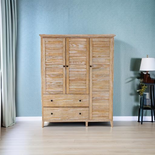 Grain Wood Furniture Greenport 3-Door Wardrobe, Solid Wood with Brushed Driftwood Finish