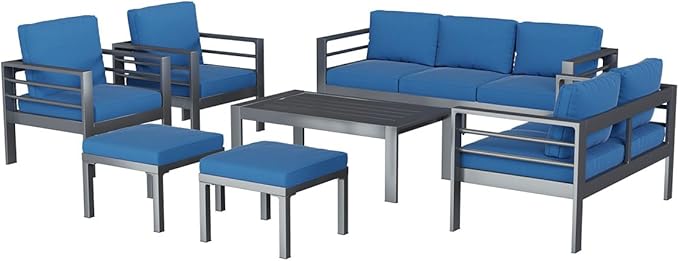 AECOJOY Aluminum Patio Furniture Loveseat, Modern Outdoor Furniture with Washable 5 inch Thick Cushion, Blue